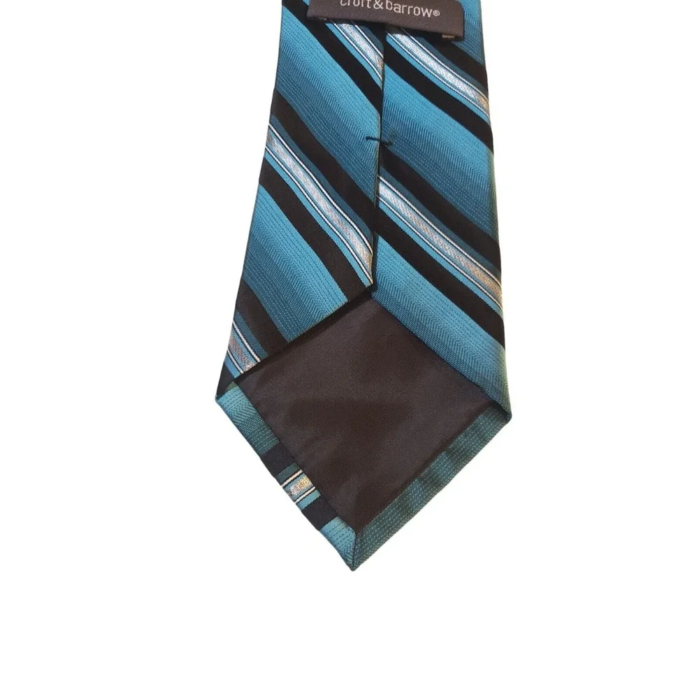 Croft & Barrow Luxury Silk Tie Classic Designer Striped Black Blue‎ Silver